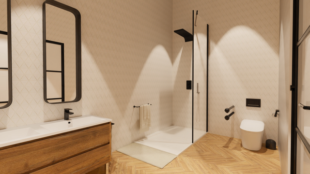Baño contemporáneo con patrones geométricos y acabados naturales