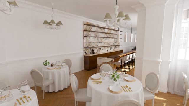 Fusión de espacios gastronómicos en blanco y mármol