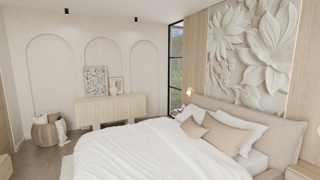 Suite de lujo con vestidor integrado y relieve floral escultural
